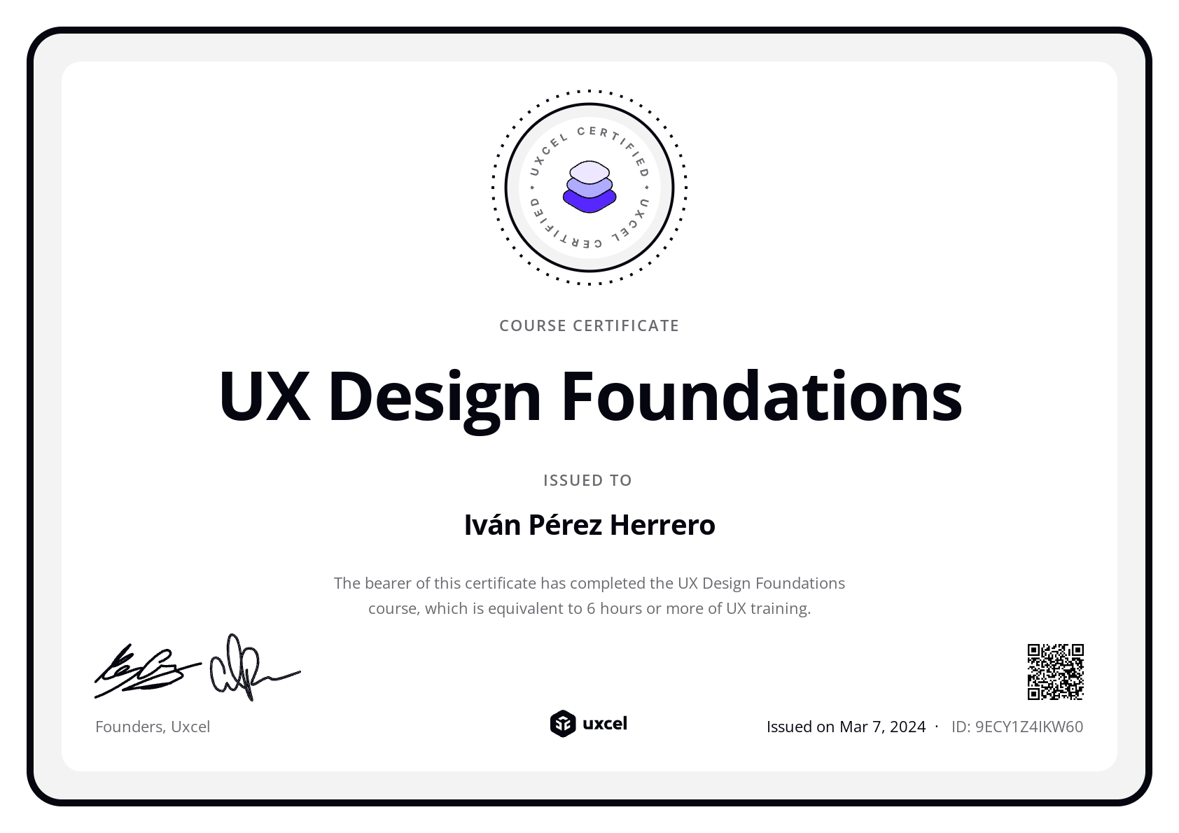 Iván Pérez Herrero's certificate